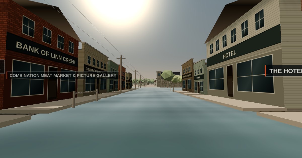 Main Street of Old Linn Creek, Missouri, reconstructed in 3D, with the Linn Creek Mercantile Co. at left